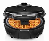 Chefman Anti-Overflow Belgian Waffle Maker w/Shade Selector, Temperature Control, Mess Free Moat, Round Iron w/Nonstick Plates & Cool Touch Handle, Measuring Cup Included, Black