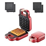 Auertech Mini Waffle Maker, 2-in-1 Sandwich Maker Panini Press Grill with Detachable Non-stick Plates, Indicator Lights, Cool Touch Handle (Red)