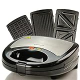 Ovente Electric Indoor Sandwich Grill Waffle Maker Set with 3 Removable Non-Stick Cast Iron Cooking Plates, 750W Countertop Breakfast Bread Toaster Perfect for Grilled Cheese Egg Steak, Black GPI302B